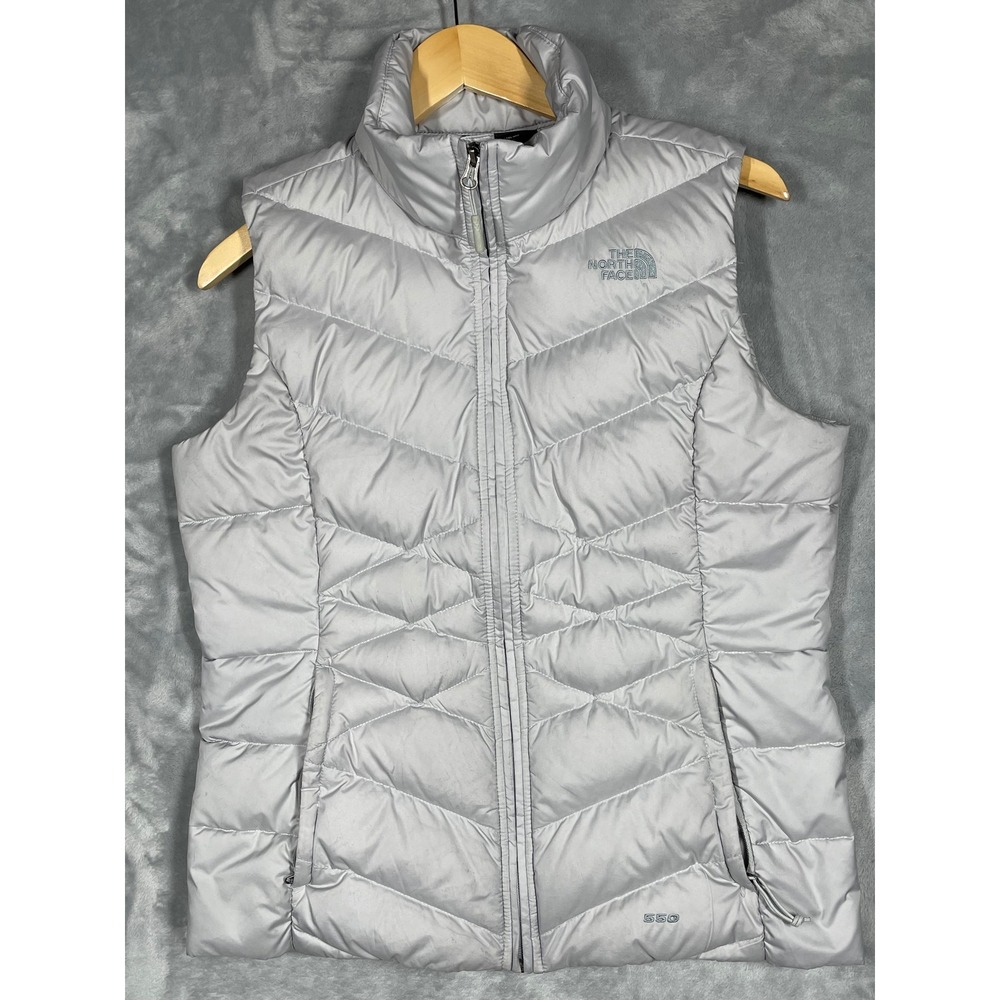 The North Face Womens 550 Down Puffer Vest Silver Gray Quilted Full Zip Medium